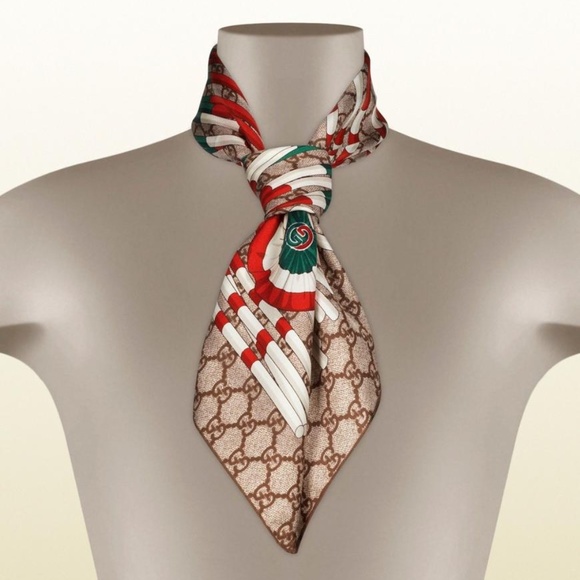 Gucci Scarf Logo GG Print Club WEB Beige Brown Silk Wrap